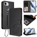 Étui de téléphone en cuir avec motif de cœur et de chat en relief avec dragonne, Pour iPhone 17e / 16e, Pour iPhone 17 Pro Max, Pour iPhone 17 Pro, Pour iPhone 17