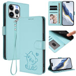 Étui de téléphone en cuir avec motif de cœur gaufré et dragonne pour chat, pour iPhone Air, pour iPhone 16 Pro Max, pour iPhone 16 Pro, pour iPhone 16 Plus