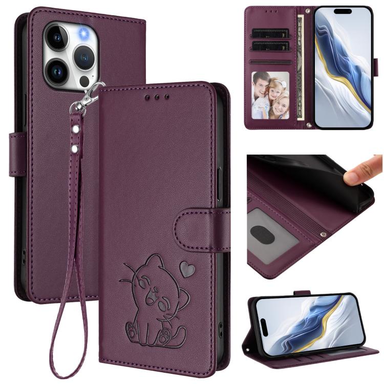 Étui de téléphone en cuir avec motif de cœur gaufré et dragonne pour chat, pour iPhone Air, pour iPhone 16 Pro Max, pour iPhone 16 Pro, pour iPhone 16 Plus