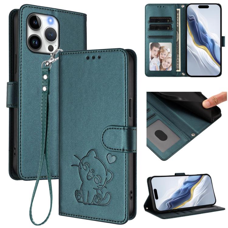 Étui de téléphone en cuir avec motif de cœur gaufré et dragonne pour chat, pour iPhone Air, pour iPhone 16 Pro Max, pour iPhone 16 Pro, pour iPhone 16 Plus