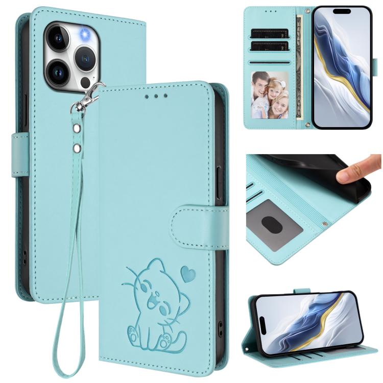 Étui de téléphone en cuir avec motif de cœur gaufré et dragonne pour chat, pour iPhone Air, pour iPhone 16 Pro Max, pour iPhone 16 Pro, pour iPhone 16 Plus