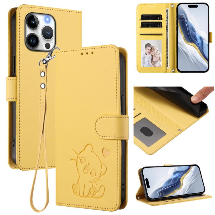 Étui de téléphone en cuir avec motif de cœur gaufré et dragonne pour chat, pour iPhone Air, pour iPhone 16 Pro Max, pour iPhone 16 Pro, pour iPhone 16 Plus