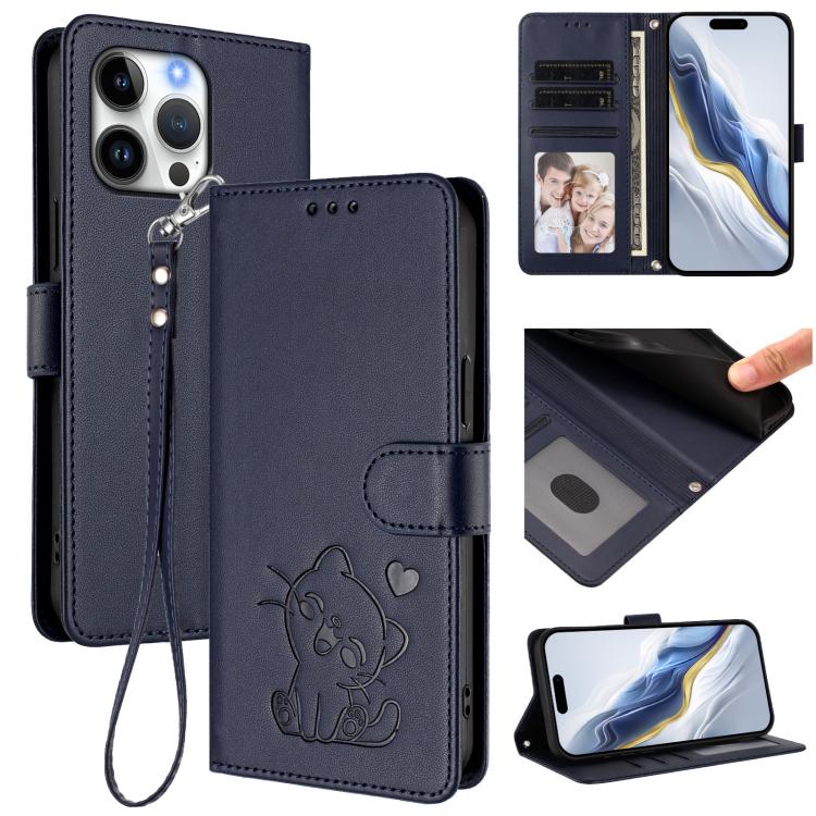 Étui de téléphone en cuir avec motif de cœur gaufré et dragonne pour chat, pour iPhone Air, pour iPhone 16 Pro Max, pour iPhone 16 Pro, pour iPhone 16 Plus