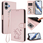 Étui de téléphone en cuir avec motif de cœur gaufré et dragonne pour chat, pour iPhone Air, pour iPhone 16 Pro Max, pour iPhone 16 Pro, pour iPhone 16 Plus
