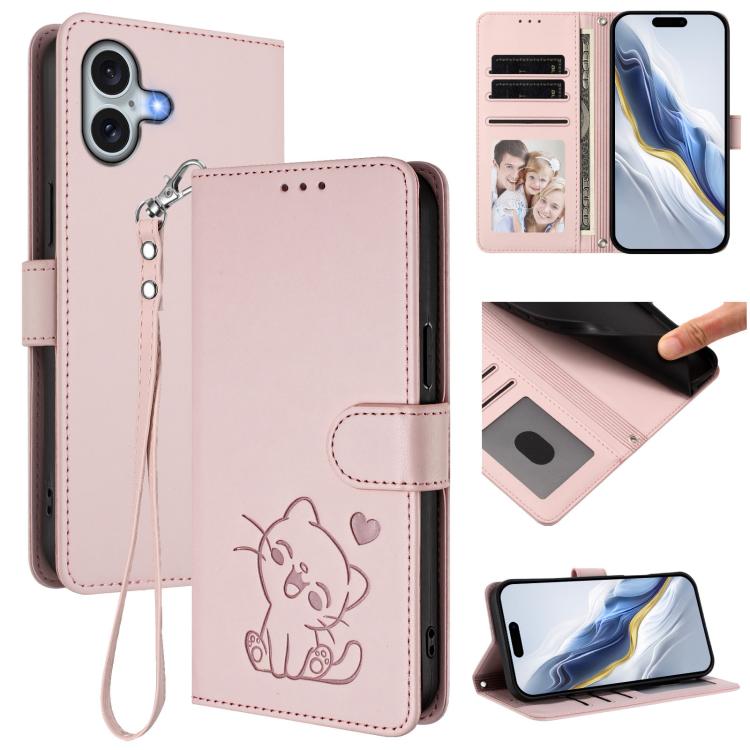 Étui de téléphone en cuir avec motif de cœur gaufré et dragonne pour chat, pour iPhone Air, pour iPhone 16 Pro Max, pour iPhone 16 Pro, pour iPhone 16 Plus