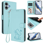 Étui de téléphone en cuir avec motif de cœur gaufré et dragonne pour chat, pour iPhone Air, pour iPhone 16 Pro Max, pour iPhone 16 Pro, pour iPhone 16 Plus