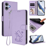 Étui de téléphone en cuir avec motif de cœur gaufré et dragonne pour chat, pour iPhone Air, pour iPhone 16 Pro Max, pour iPhone 16 Pro, pour iPhone 16 Plus