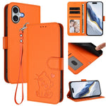Étui de téléphone en cuir avec motif de cœur gaufré et dragonne pour chat, pour iPhone Air, pour iPhone 16 Pro Max, pour iPhone 16 Pro, pour iPhone 16 Plus