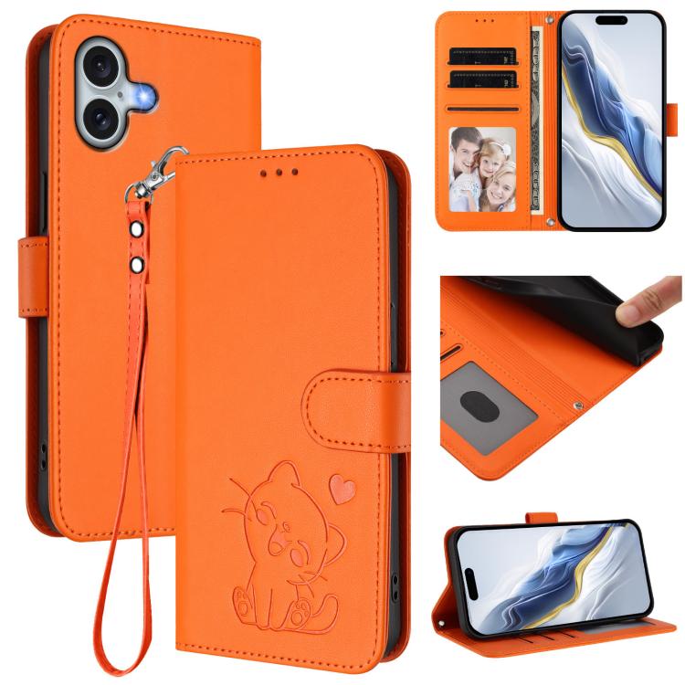 Étui de téléphone en cuir avec motif de cœur gaufré et dragonne pour chat, pour iPhone Air, pour iPhone 16 Pro Max, pour iPhone 16 Pro, pour iPhone 16 Plus