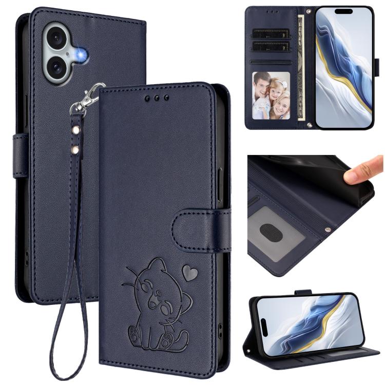 Étui de téléphone en cuir avec motif de cœur gaufré et dragonne pour chat, pour iPhone Air, pour iPhone 16 Pro Max, pour iPhone 16 Pro, pour iPhone 16 Plus