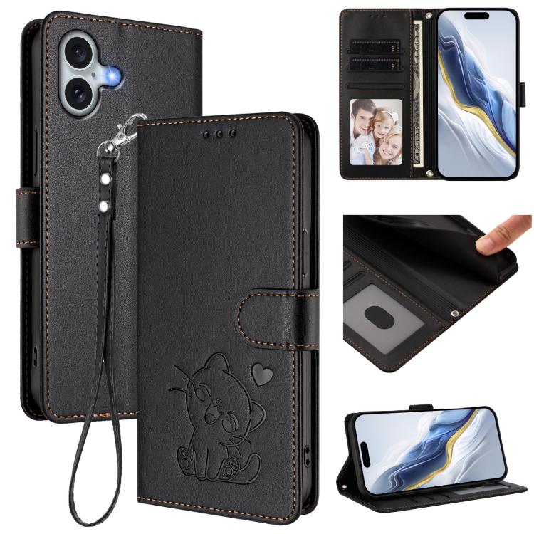 Étui de téléphone en cuir avec motif de cœur gaufré et dragonne pour chat, pour iPhone Air, pour iPhone 16 Pro Max, pour iPhone 16 Pro, pour iPhone 16 Plus