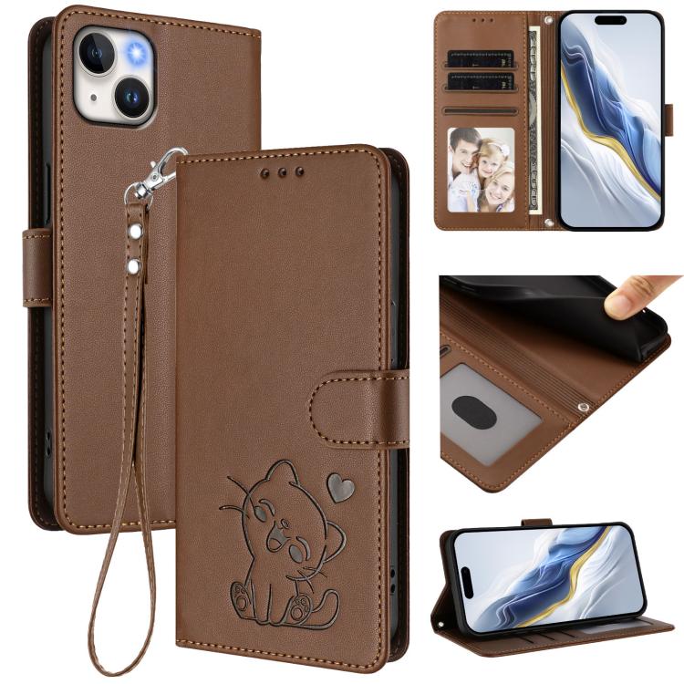 Coque de téléphone en cuir avec motif de cœur en relief et dragonne, pour iPhone 15, pour iPhone 14 Plus, pour iPhone 14 / 13, pour iPhone 14 Pro