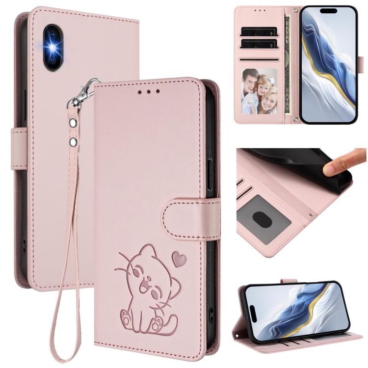 Étui de téléphone en cuir avec cœur en relief et dragonne pour iPhone XR, pour iPhone XS Max, pour iPhone 7 Plus / 8 Plus