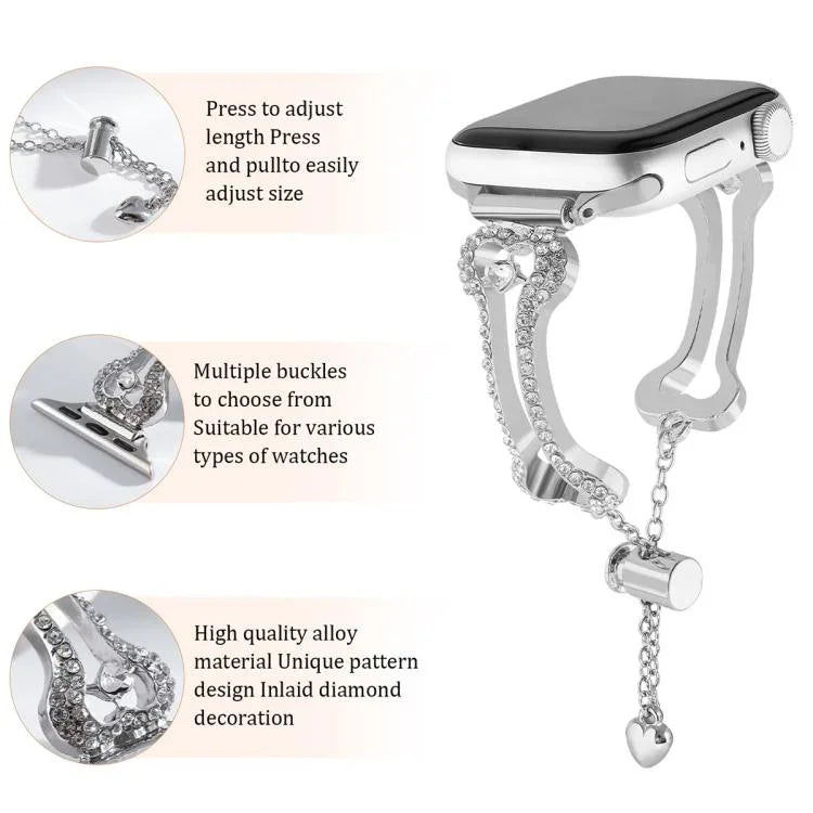 Bracelet de montre en métal à maillons en forme d'os et diamants, pour Apple Watch 46 mm / 49 mm / 45 mm / 44 mm, pour Apple Watch 42 mm / 41 mm / 40 mm / 38 mm
