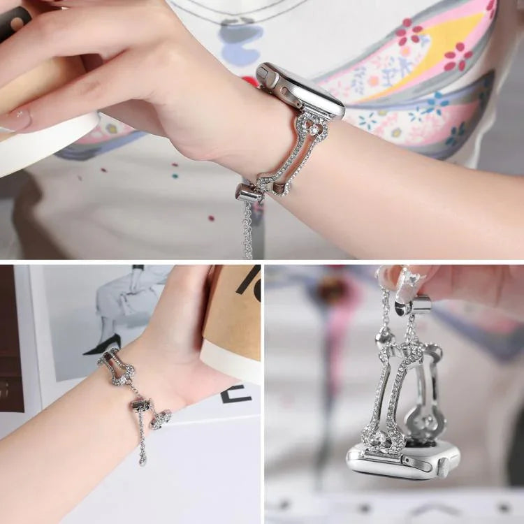 Bracelet de montre en métal à maillons en forme d'os et diamants, pour Apple Watch 46 mm / 49 mm / 45 mm / 44 mm, pour Apple Watch 42 mm / 41 mm / 40 mm / 38 mm