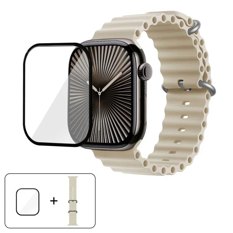 Bracelet de montre en silicone Ocean avec film incurvé 3D, pour Apple Watch Series 10 46 mm, Apple Watch Series 10 42 mm et Apple Watch Series 44 mm