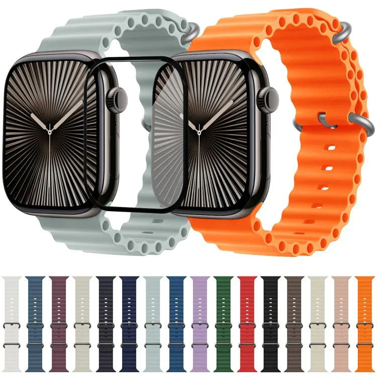 Bracelet de montre en silicone Ocean avec film incurvé 3D, pour Apple Watch Series 40 mm, Apple Watch Ultra 2/1 49 mm et Apple Watch Series 45 mm.