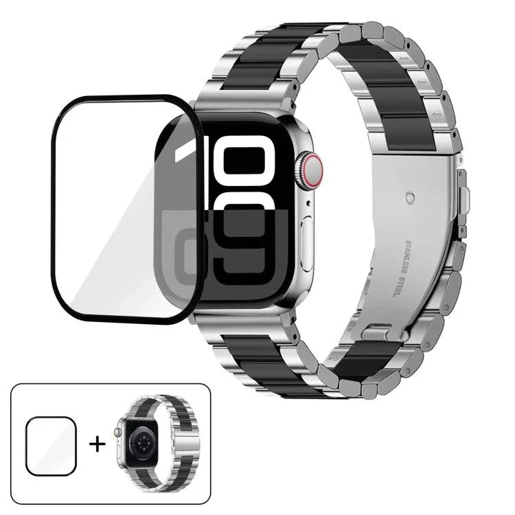 Bracelet de montre à trois perles en acier inoxydable avec film incurvé 3D, pour Apple Watch Series 10 46 mm, Apple Watch Series 10 42 mm, Apple Watch Series 44 mm et Apple Watch Series 40 mm.