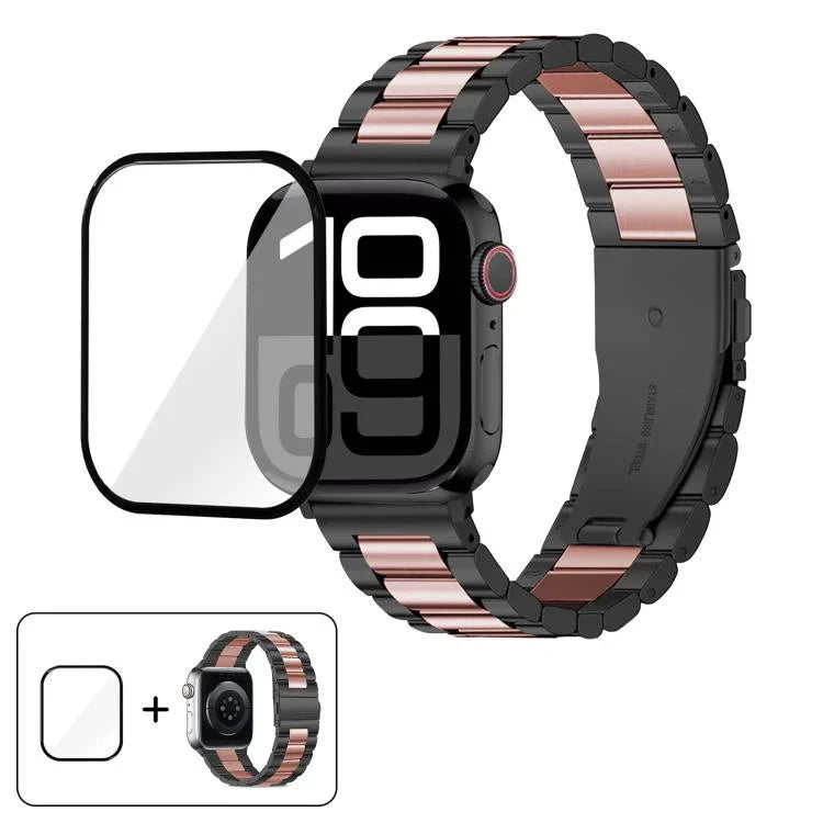 Bracelet de montre à trois perles en acier inoxydable avec film incurvé 3D, pour Apple Watch Series 10 46 mm, Apple Watch Series 10 42 mm, Apple Watch Series 44 mm et Apple Watch Series 40 mm.