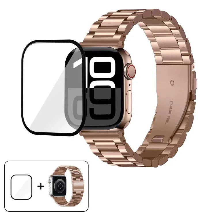 Bracelet de montre à trois perles en acier inoxydable avec film incurvé 3D, pour Apple Watch Series 10 46 mm, Apple Watch Series 10 42 mm, Apple Watch Series 44 mm et Apple Watch Series 40 mm.