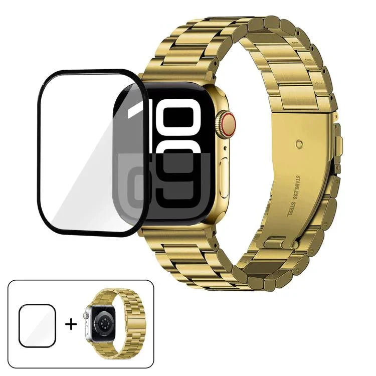 Bracelet de montre à trois perles en acier inoxydable avec film incurvé 3D, pour Apple Watch Series 10 46 mm, Apple Watch Series 10 42 mm, Apple Watch Series 44 mm et Apple Watch Series 40 mm.