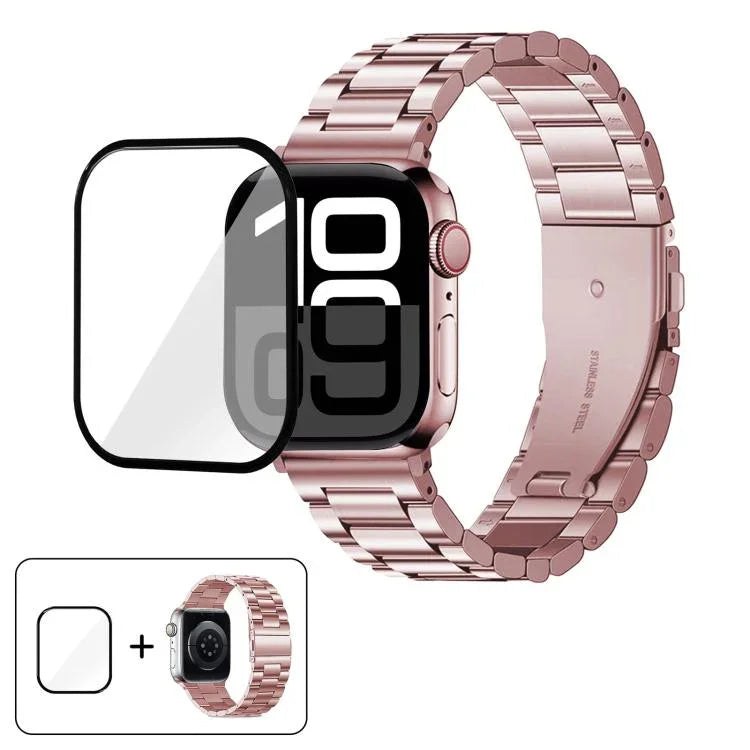 Bracelet de montre à trois perles en acier inoxydable avec film incurvé 3D, pour Apple Watch Series 10 46 mm, Apple Watch Series 10 42 mm, Apple Watch Series 44 mm et Apple Watch Series 40 mm.