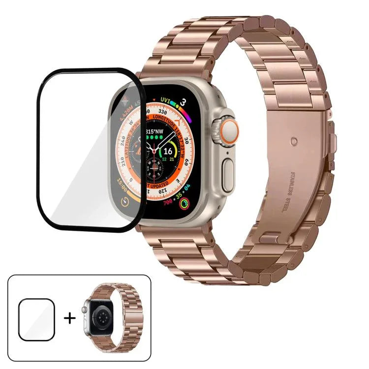 Bracelet de montre à trois perles en acier inoxydable avec film incurvé 3D, pour Apple Watch Ultra 2/1 49 mm, Apple Watch Series 45 mm, Apple Watch Series 41 mm et Apple Watch Series 38 mm.