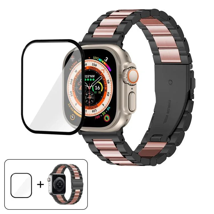 Bracelet de montre à trois perles en acier inoxydable avec film incurvé 3D, pour Apple Watch Ultra 2/1 49 mm, Apple Watch Series 45 mm, Apple Watch Series 41 mm et Apple Watch Series 38 mm.