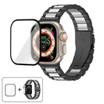 Bracelet de montre à trois perles en acier inoxydable avec film incurvé 3D, pour Apple Watch Ultra 2/1 49 mm, Apple Watch Series 45 mm, Apple Watch Series 41 mm et Apple Watch Series 38 mm.