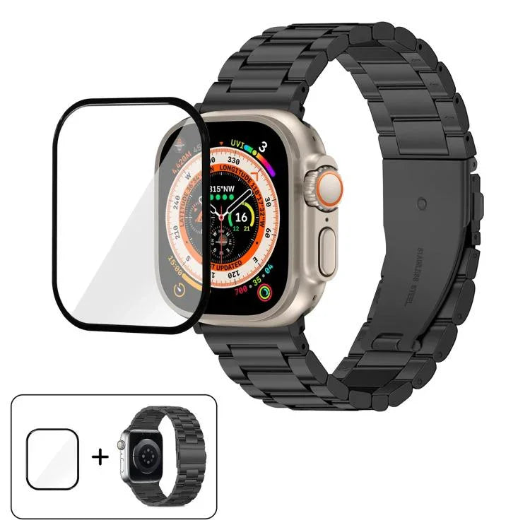 Bracelet de montre à trois perles en acier inoxydable avec film incurvé 3D, pour Apple Watch Ultra 2/1 49 mm, Apple Watch Series 45 mm, Apple Watch Series 41 mm et Apple Watch Series 38 mm.