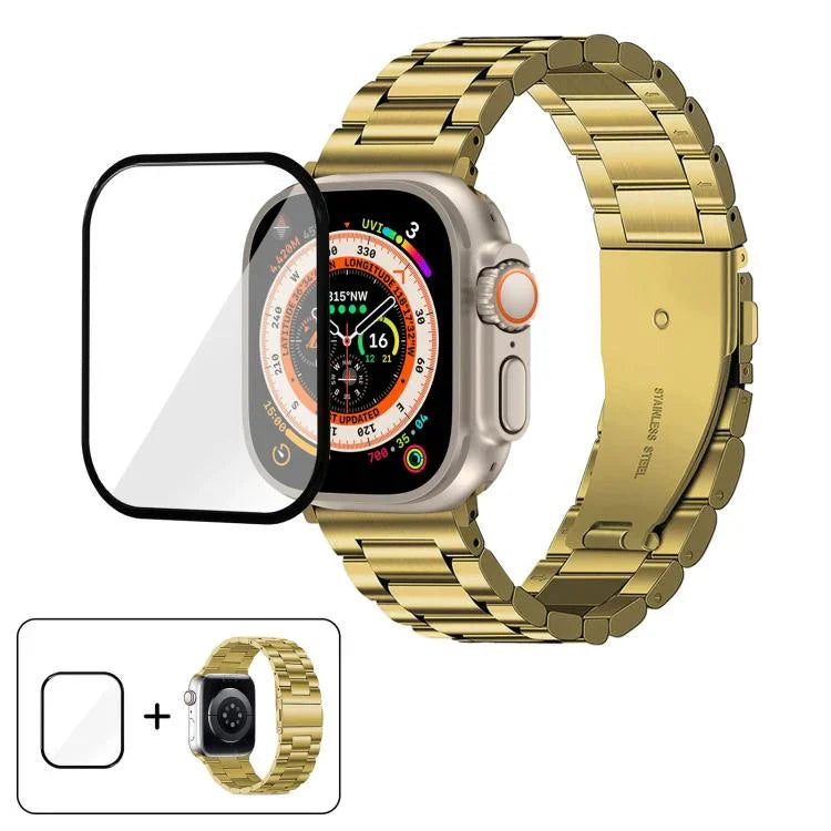 Bracelet de montre à trois perles en acier inoxydable avec film incurvé 3D, pour Apple Watch Ultra 2/1 49 mm, Apple Watch Series 45 mm, Apple Watch Series 41 mm et Apple Watch Series 38 mm.