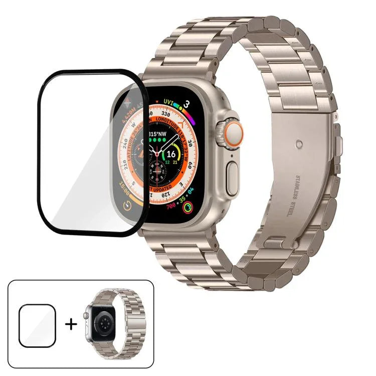 Bracelet de montre à trois perles en acier inoxydable avec film incurvé 3D, pour Apple Watch Ultra 2/1 49 mm, Apple Watch Series 45 mm, Apple Watch Series 41 mm et Apple Watch Series 38 mm.