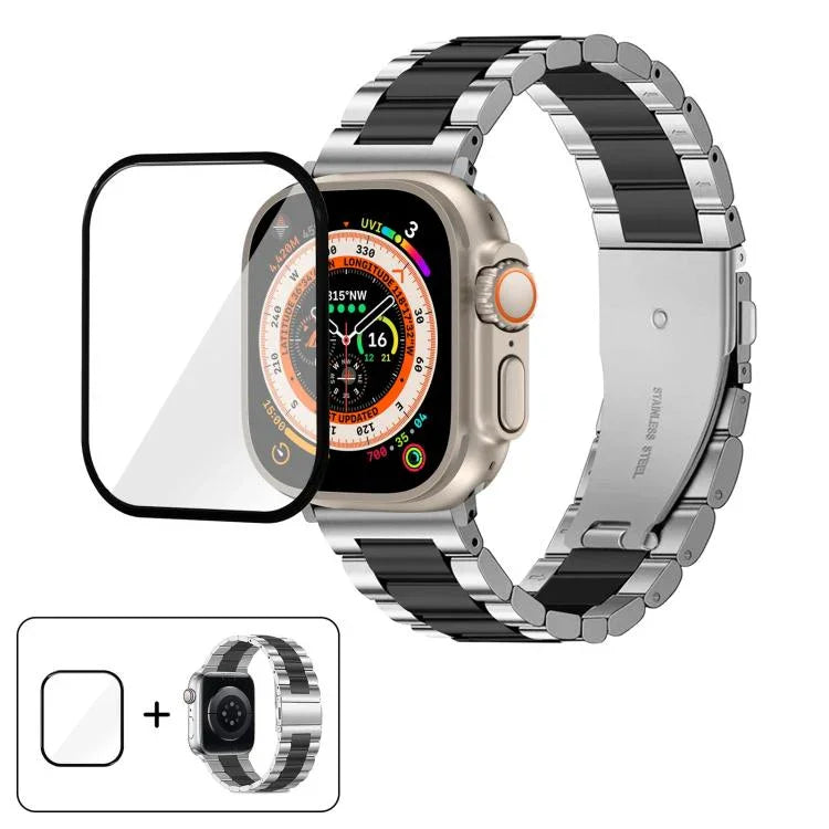 Bracelet de montre à trois perles en acier inoxydable avec film incurvé 3D, pour Apple Watch Ultra 2/1 49 mm, Apple Watch Series 45 mm, Apple Watch Series 41 mm et Apple Watch Series 38 mm.