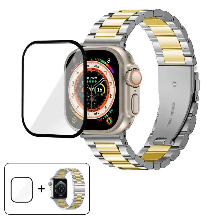 Bracelet de montre à trois perles en acier inoxydable avec film incurvé 3D, pour Apple Watch Ultra 2/1 49 mm, Apple Watch Series 45 mm, Apple Watch Series 41 mm et Apple Watch Series 38 mm.