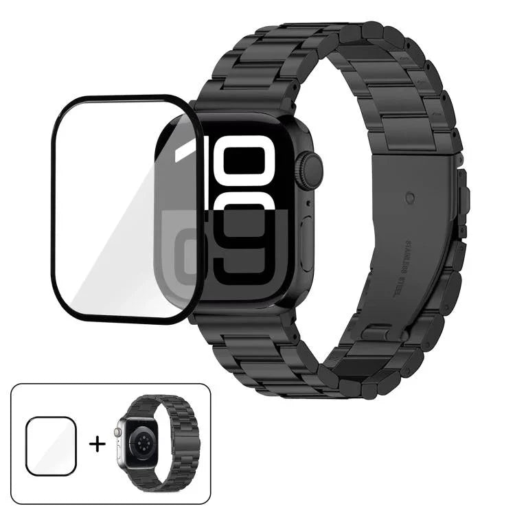 Bracelet de montre à trois perles en acier inoxydable avec film incurvé 3D, pour Apple Watch Ultra 2/1 49 mm, Apple Watch Series 45 mm, Apple Watch Series 41 mm et Apple Watch Series 38 mm.