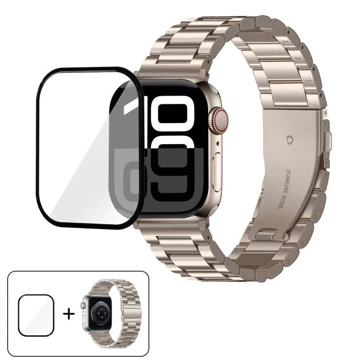 Bracelet de montre à trois perles en acier inoxydable avec film incurvé 3D, pour Apple Watch Ultra 2/1 49 mm, Apple Watch Series 45 mm, Apple Watch Series 41 mm et Apple Watch Series 38 mm.