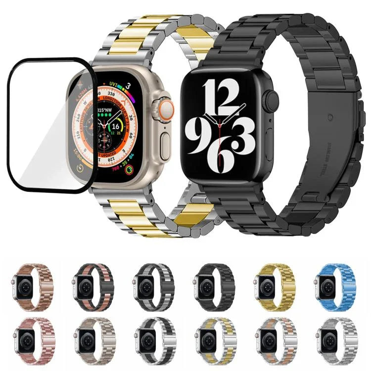 Bracelet de montre à trois perles en acier inoxydable avec film incurvé 3D, pour Apple Watch Series 10 46 mm, Apple Watch Series 10 42 mm, Apple Watch Series 44 mm et Apple Watch Series 40 mm.