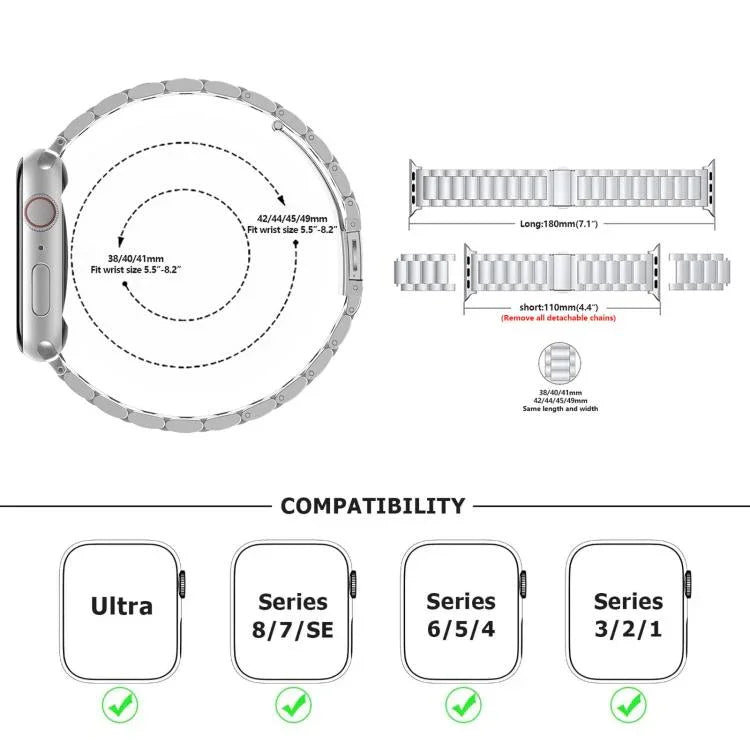 Bracelet de montre à trois perles en acier inoxydable avec film incurvé 3D, pour Apple Watch Ultra 2/1 49 mm, Apple Watch Series 45 mm, Apple Watch Series 41 mm et Apple Watch Series 38 mm.