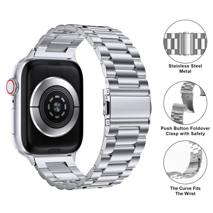 Bracelet de montre à trois perles en acier inoxydable avec film incurvé 3D, pour Apple Watch Series 10 46 mm, Apple Watch Series 10 42 mm, Apple Watch Series 44 mm et Apple Watch Series 40 mm.