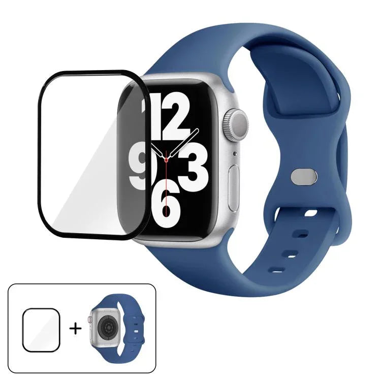 Bracelet de montre en silicone avec boucle papillon et film incurvé 3D, compatible avec Apple Watch Series 10 46 mm, Apple Watch Series 10 42 mm et Apple Watch Series 44 mm.