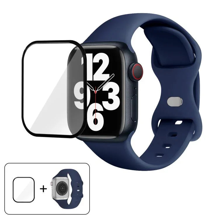 Bracelet de montre en silicone avec boucle papillon et film incurvé 3D, compatible avec Apple Watch Series 40 mm, Apple Watch Ultra 2/1 49 mm et Apple Watch Series 45 mm.