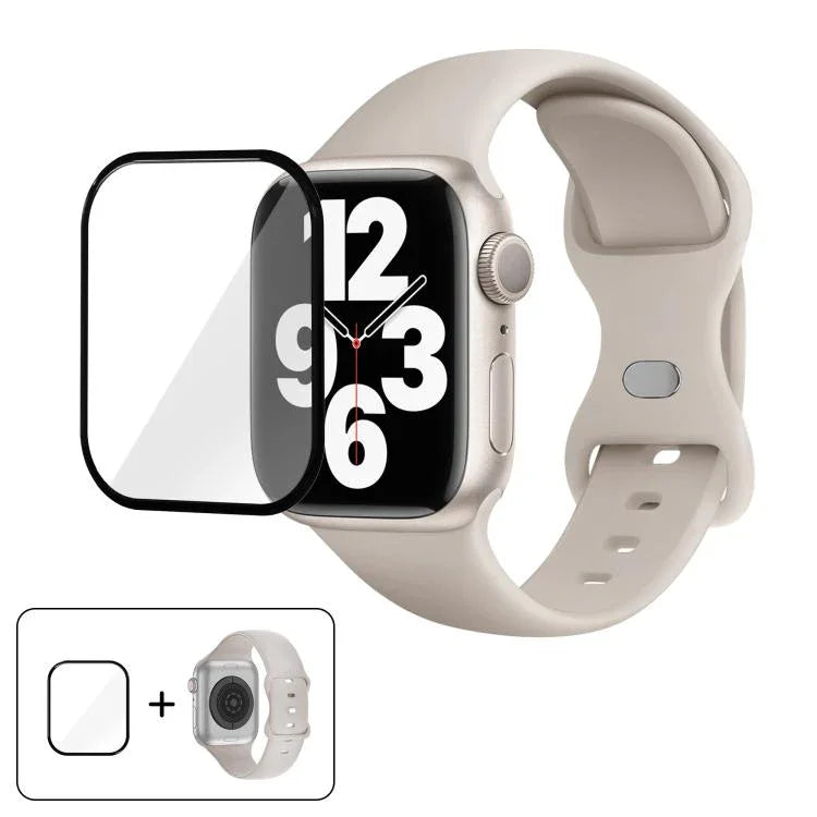 Bracelet de montre en silicone avec boucle papillon et film incurvé 3D, compatible avec Apple Watch Series 40 mm, Apple Watch Ultra 2/1 49 mm et Apple Watch Series 45 mm.