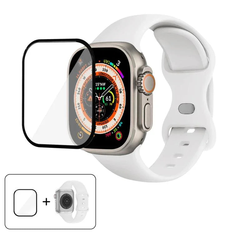 Bracelet de montre en silicone avec boucle papillon et film incurvé 3D, compatible avec Apple Watch Series 40 mm, Apple Watch Ultra 2/1 49 mm et Apple Watch Series 45 mm.