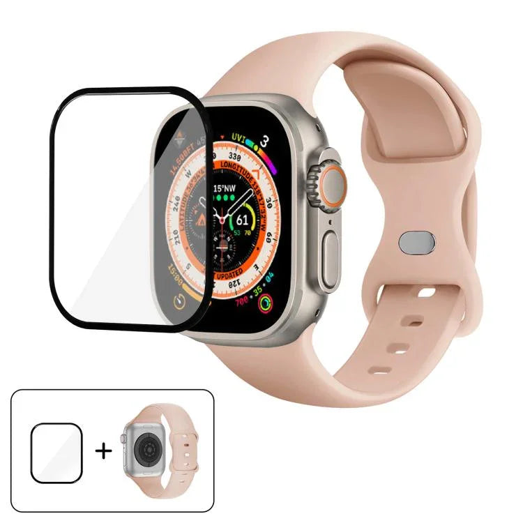 Bracelet de montre en silicone avec boucle papillon et film incurvé 3D, compatible avec Apple Watch Series 40 mm, Apple Watch Ultra 2/1 49 mm et Apple Watch Series 45 mm.