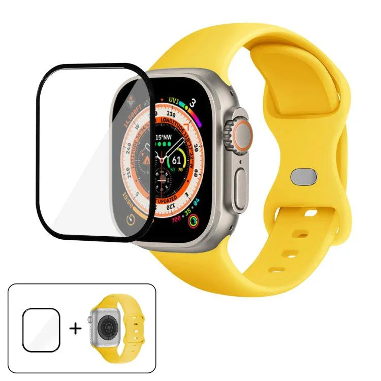 Bracelet de montre en silicone avec boucle papillon et film incurvé 3D, compatible avec Apple Watch Series 40 mm, Apple Watch Ultra 2/1 49 mm et Apple Watch Series 45 mm.