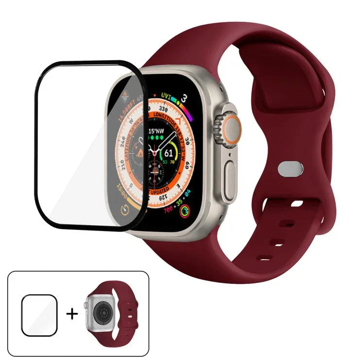 Bracelet de montre en silicone avec boucle papillon et film incurvé 3D, compatible avec Apple Watch Series 40 mm, Apple Watch Ultra 2/1 49 mm et Apple Watch Series 45 mm.