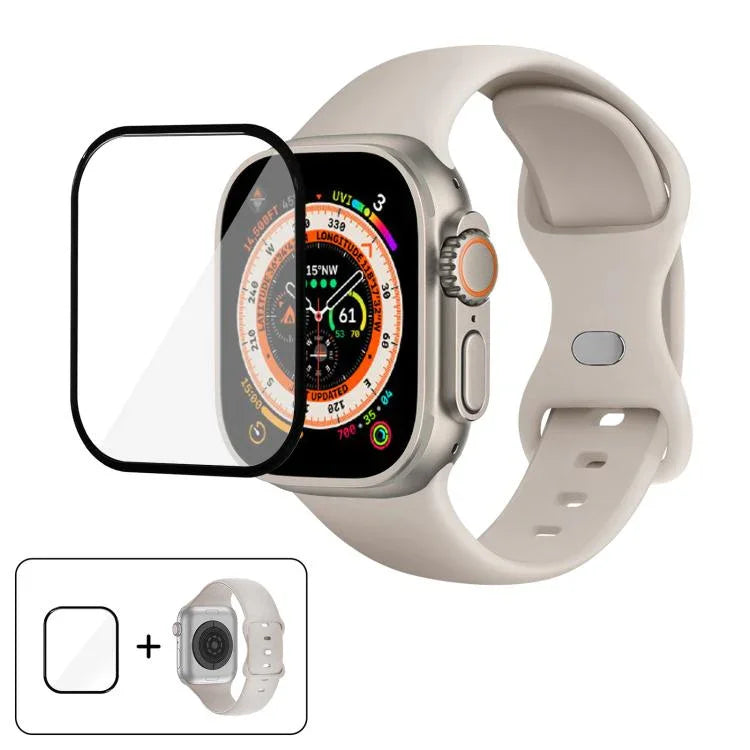 Bracelet de montre en silicone avec boucle papillon et film incurvé 3D, compatible avec Apple Watch Series 40 mm, Apple Watch Ultra 2/1 49 mm et Apple Watch Series 45 mm.