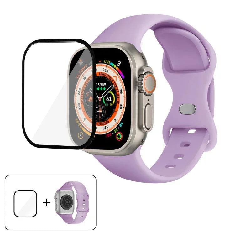 Bracelet de montre en silicone avec boucle papillon et film incurvé 3D, compatible avec Apple Watch Series 40 mm, Apple Watch Ultra 2/1 49 mm et Apple Watch Series 45 mm.