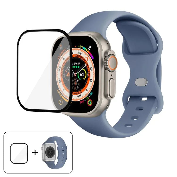 Bracelet de montre en silicone avec boucle papillon et film incurvé 3D, compatible avec Apple Watch Series 40 mm, Apple Watch Ultra 2/1 49 mm et Apple Watch Series 45 mm.