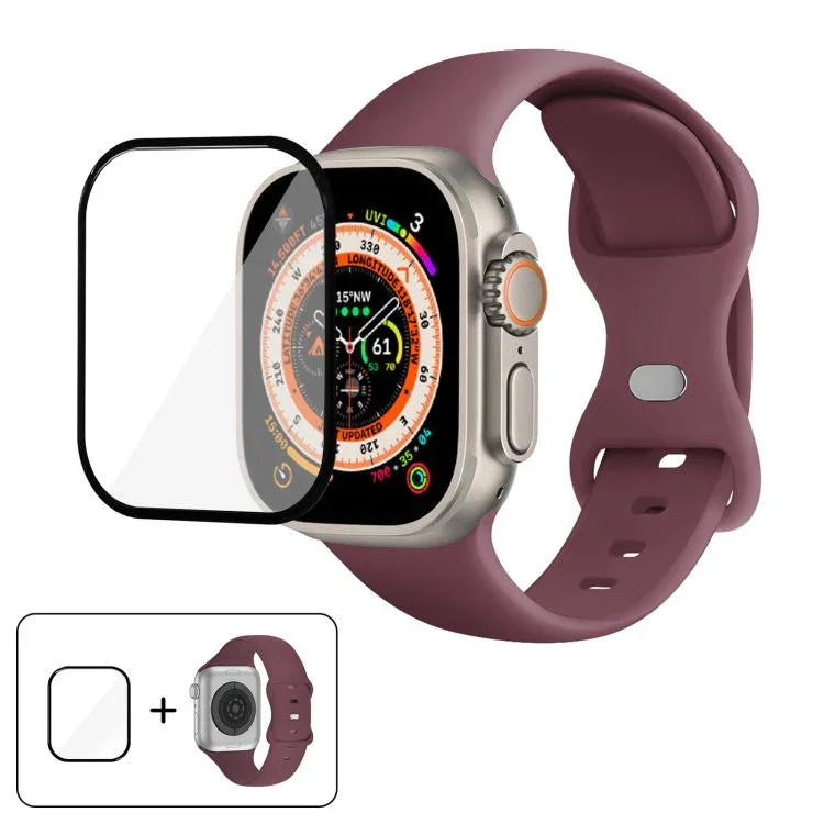 Bracelet de montre en silicone avec boucle papillon et film incurvé 3D, compatible avec Apple Watch Series 40 mm, Apple Watch Ultra 2/1 49 mm et Apple Watch Series 45 mm.